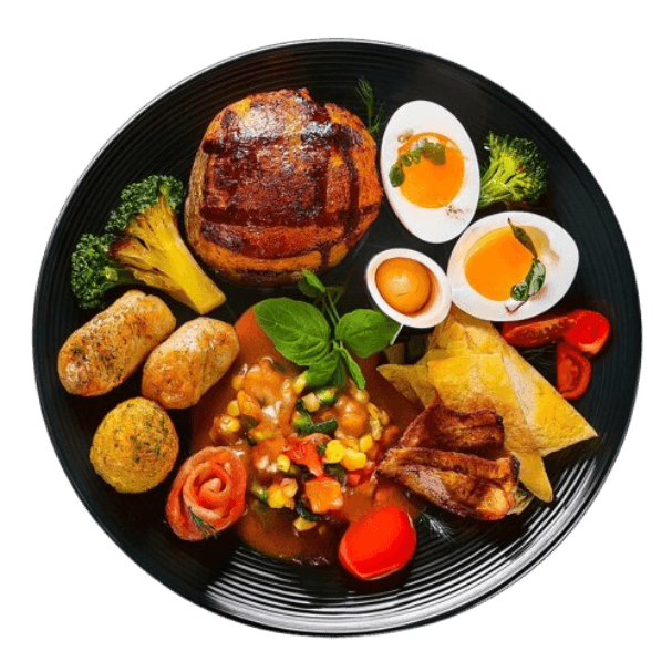 Glazed Meatloaf Ball Fusion Platter with Soft Eggs and Veggie Sides